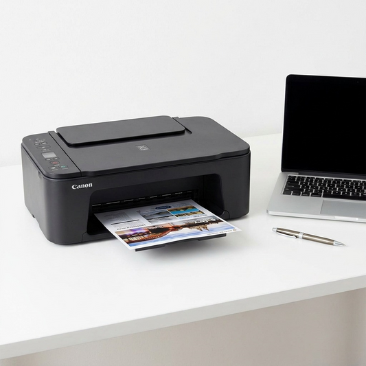 Scale reference view of the Canon PIXMA TS3720 printer with a 13" laptop and pen on a white desk.