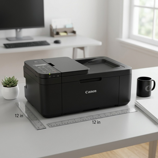 Scale reference photo: black Canon PIXMA TR4720 printer next to standard 12-inch ruler on desk.