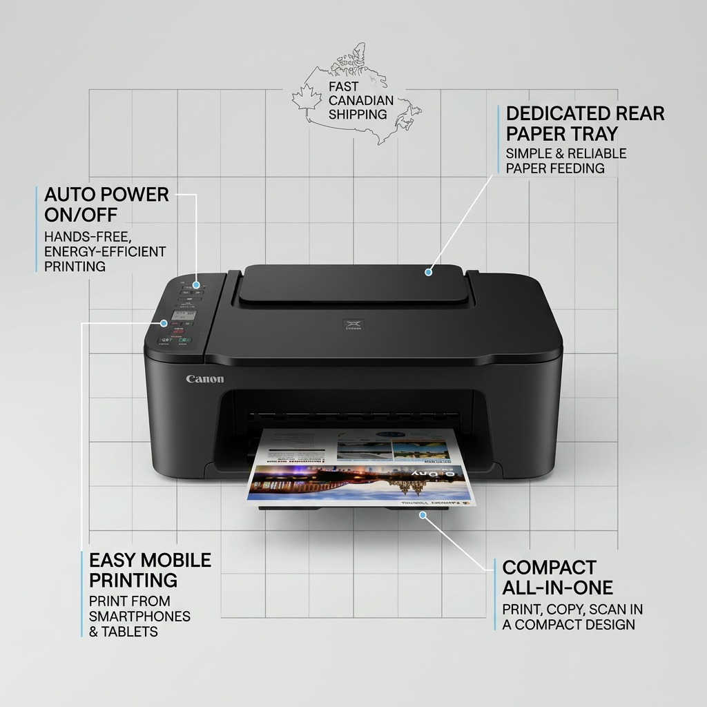 Minimalist ecommerce graphic with pointer lines highlighting operational features of the small black Canon PIXMA TS3720 printer.