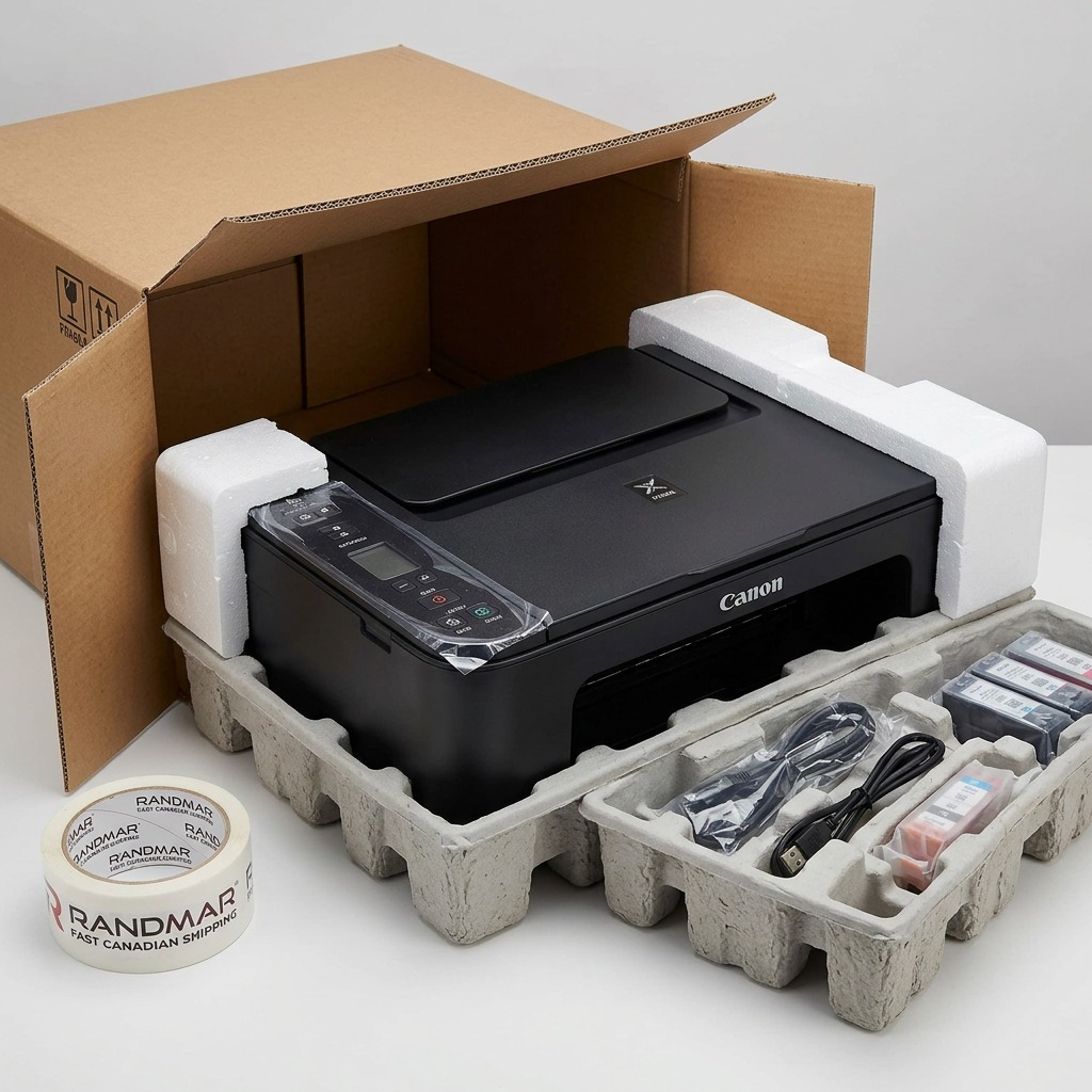 A detailed, close-up photo of the Canon PIXMA TS3720 (image_0.png) partially unboxed from neutral protective custom foam and cardboard.