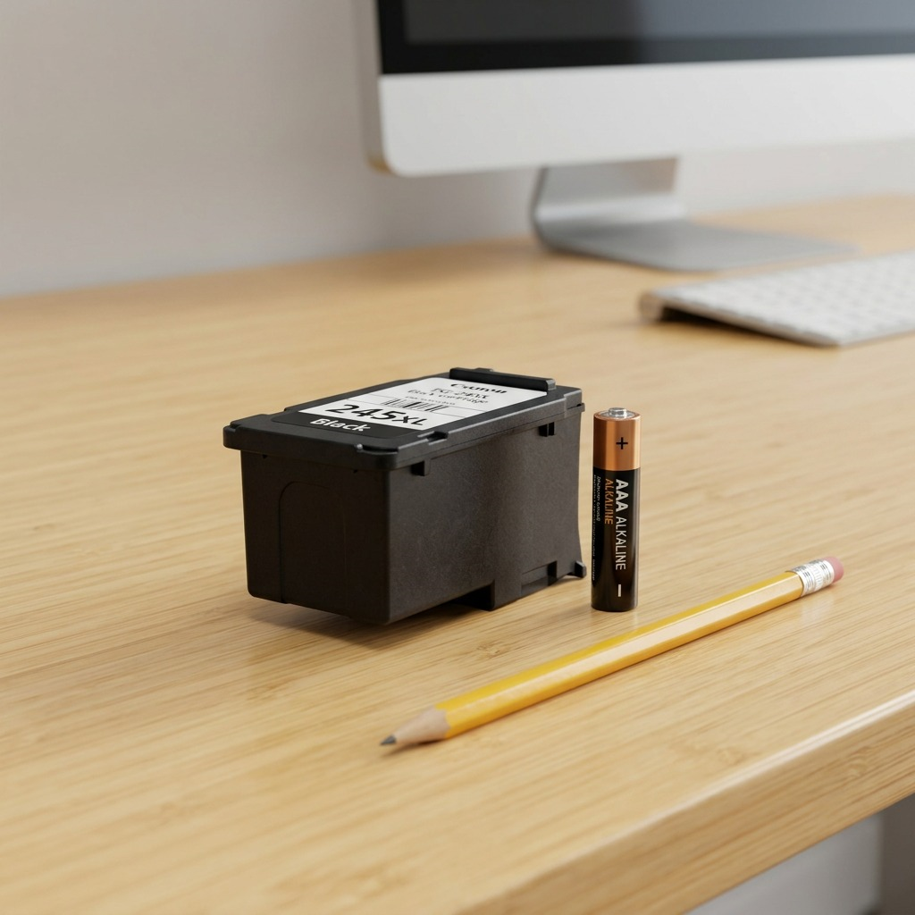 A Canon PG-245XL cartridge shown on a desk beside a battery and pencil for scale.
