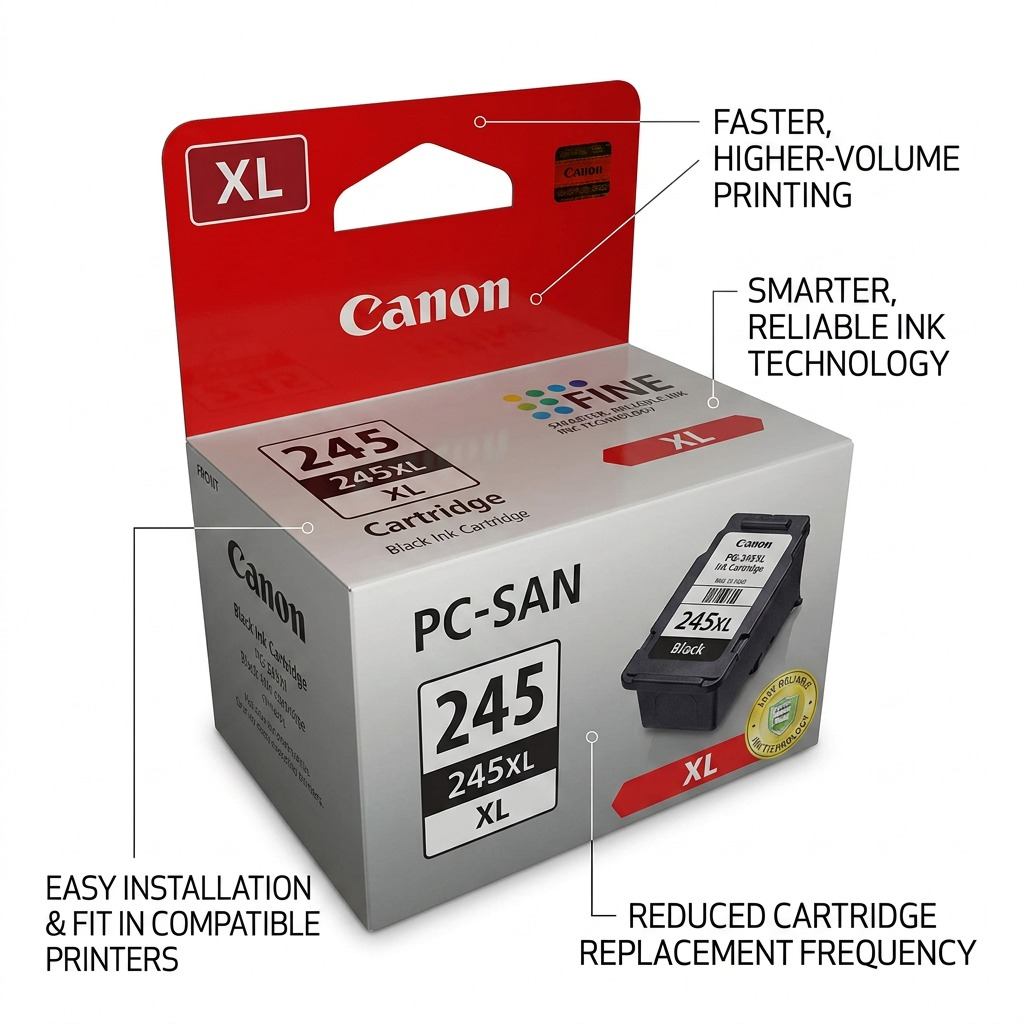 High-capacity Canon PG-245XL black ink cartridge with operational feature callouts on white background.