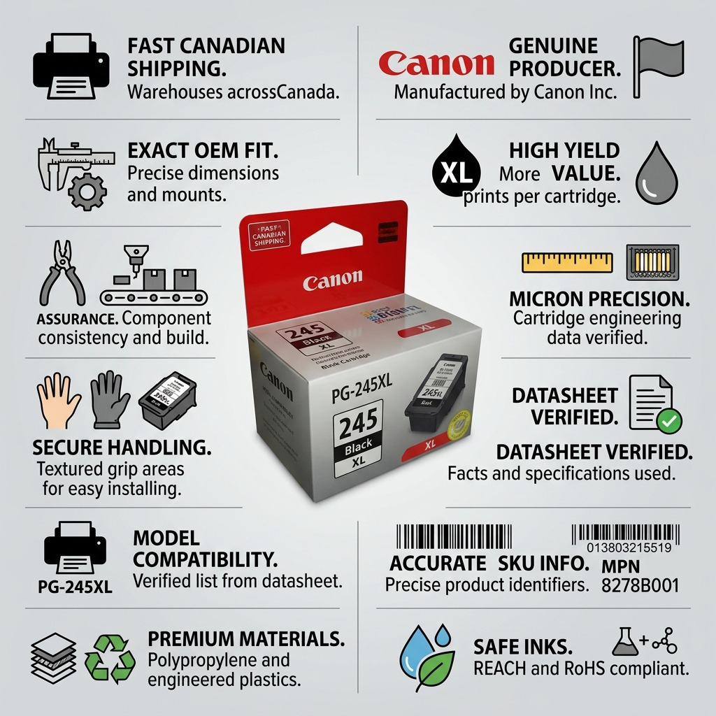 Detailed close-up on a Canon PG-245XL ink cartridge, in its packaging, surrounded by technical spec icons.