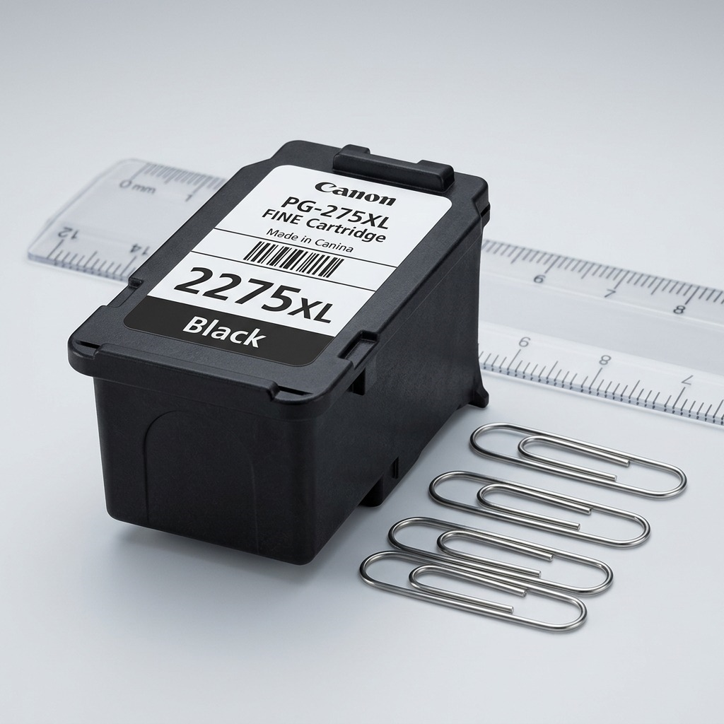 Scale visualization: Precise Canon Q84ENYF2RFD87QKFE0DV black XL ink cartridge next to standard paper clips, capturing exact size.