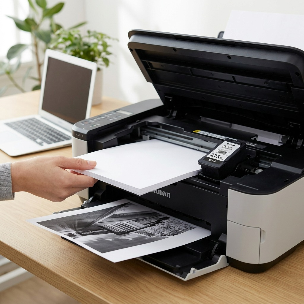 A close-up of a Canon PG-275XL Black ink cartridge installed in an open inkjet printer, about to print.