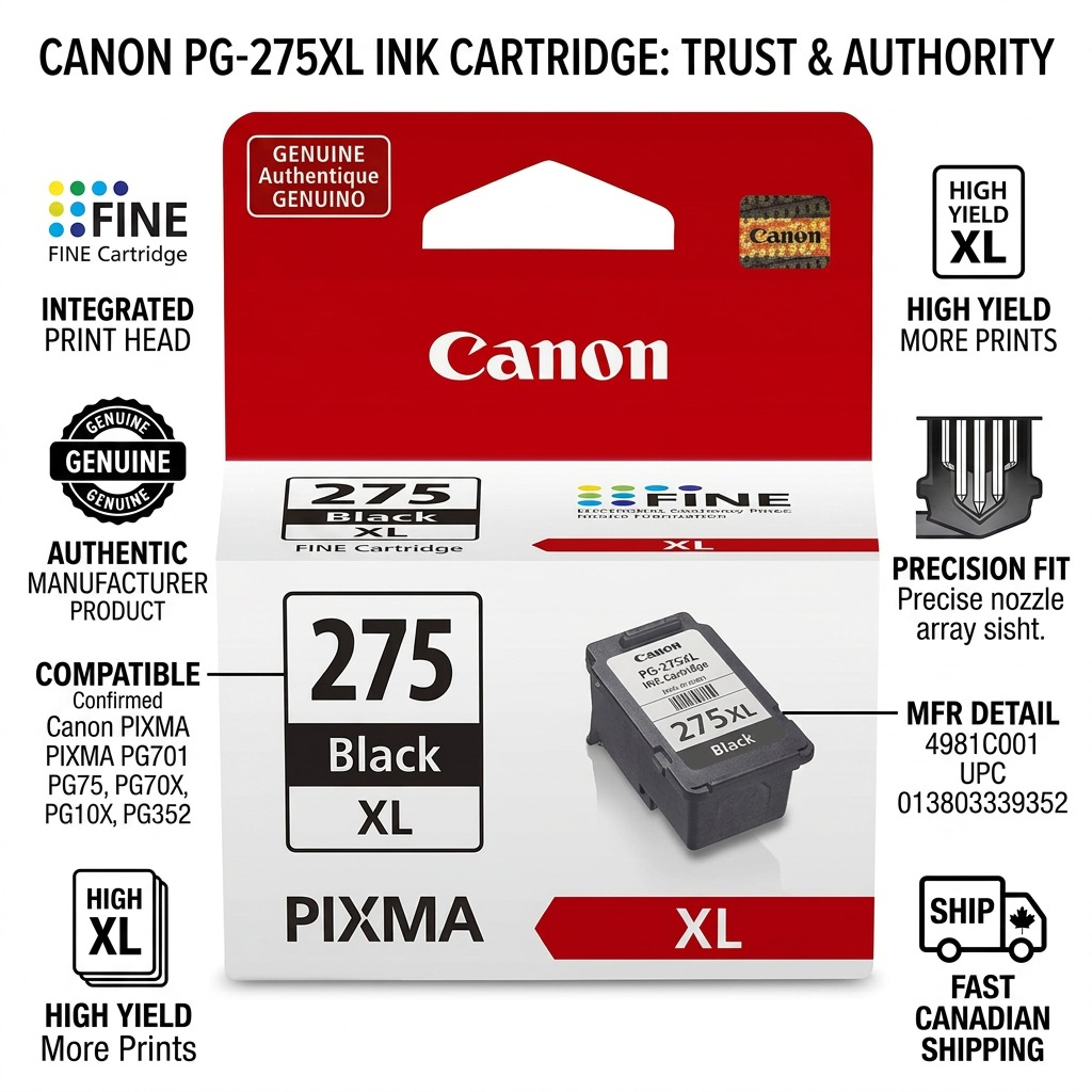 An infographic showing genuine Canon PG-275XL ink cartridge trust and authority with fast Canadian shipping.