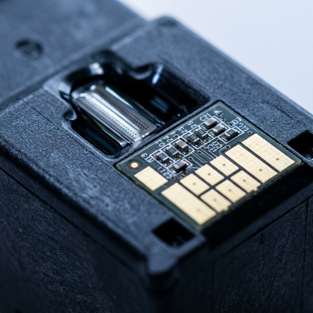 A macro photograph showing the gold contacts and microscopic nozzle array on the print head of Canon PG-275XL INK CARTRIDGE.The depth of field is very shallow.