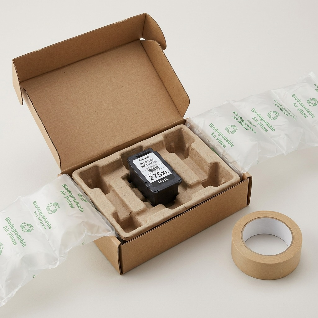 Premium, realistic unboxing shot showing a Canon PG-275XL ink cartridge securely nestled in molded pulp packaging within a custom corrugated box, surrounded by air pillows and paper tape for delivery confidence.