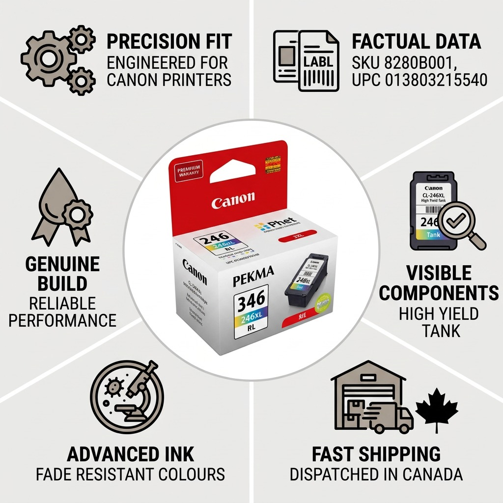 A clean infographic matrix featuring a Canon CL-246XL ink cartridge with surrounding factual reliability icons.