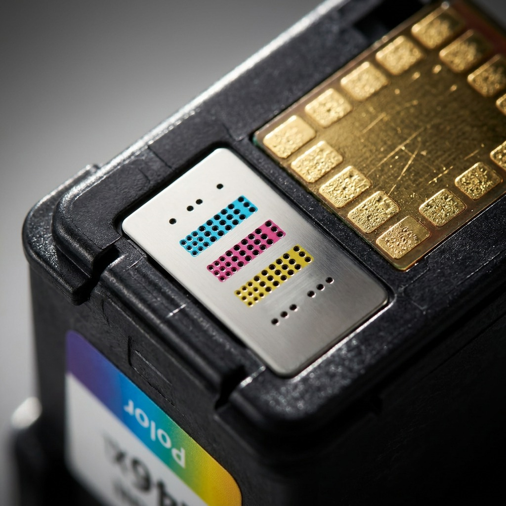 Extreme close-up of the metal contacts and ink nozzles on a Canon 246XL tri-color ink cartridge.