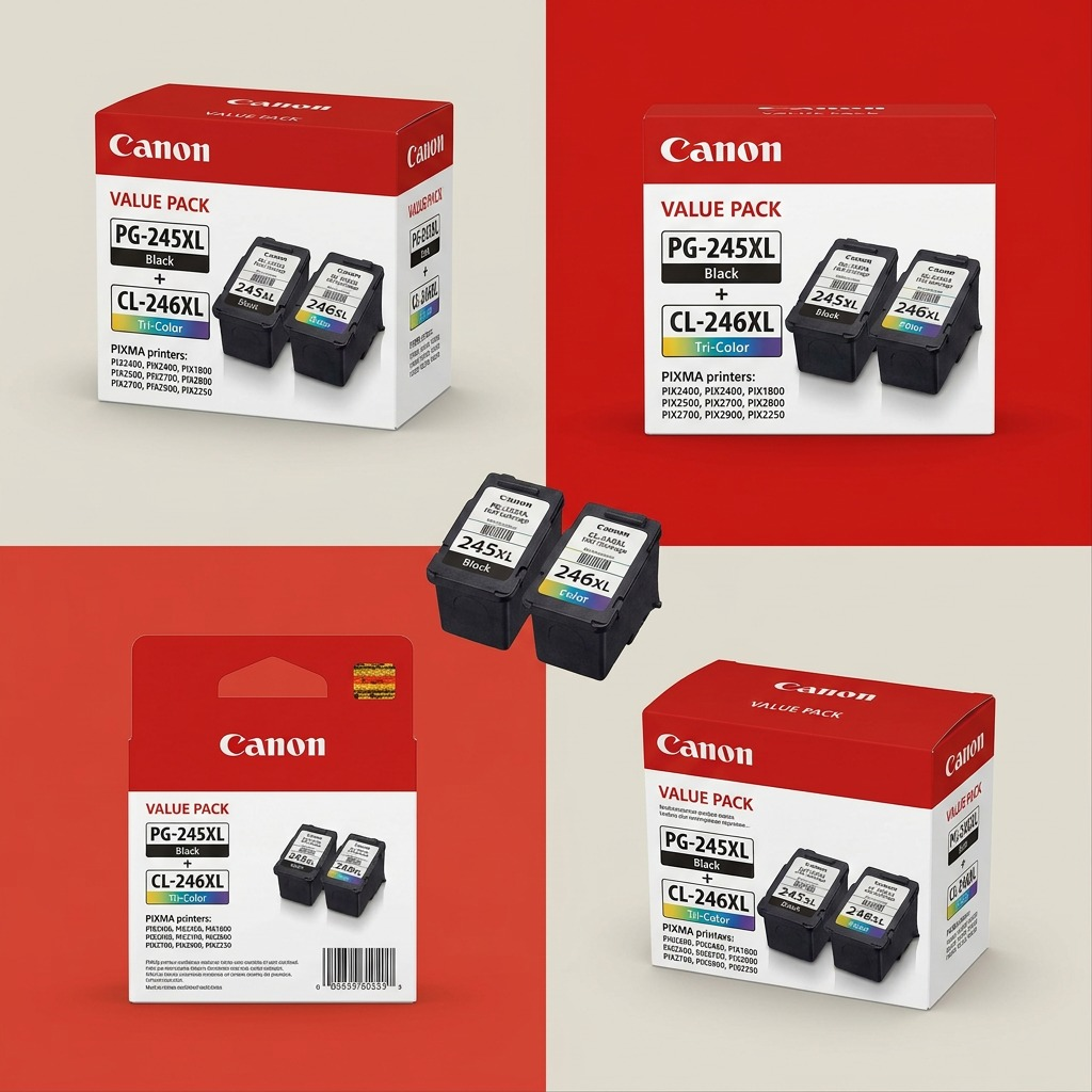 A multi-angle display of the Canon Value Pack SKU 8278B006, featuring the box and cartridges.