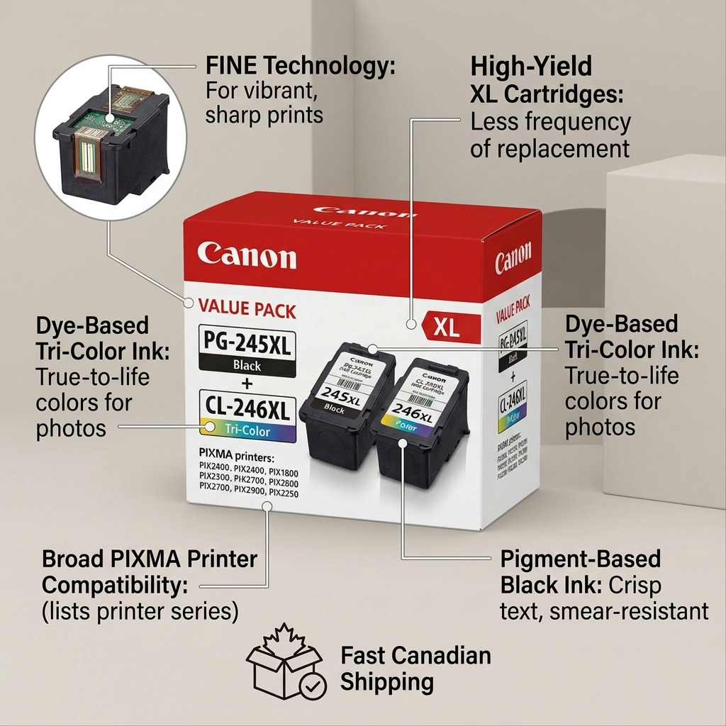 A product image card for Canon PG-245XL and CL-246XL ink cartridges, highlighting key features with pointers. Pointers include: "FINE Technology," "High-Yield Options (XL)," "Compatible with Select PIXMA Printers" (listing model families). Text at bottom says "Fast Canadian Shipping." Clean, minimal, product-focused design.
