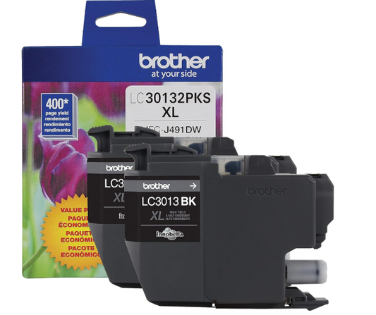 Brother Genuine LC30132PKS 2-Pack High Yield Black Ink Cartridges, Page Yield Up to 400 Pages/Cartridge, LC3013